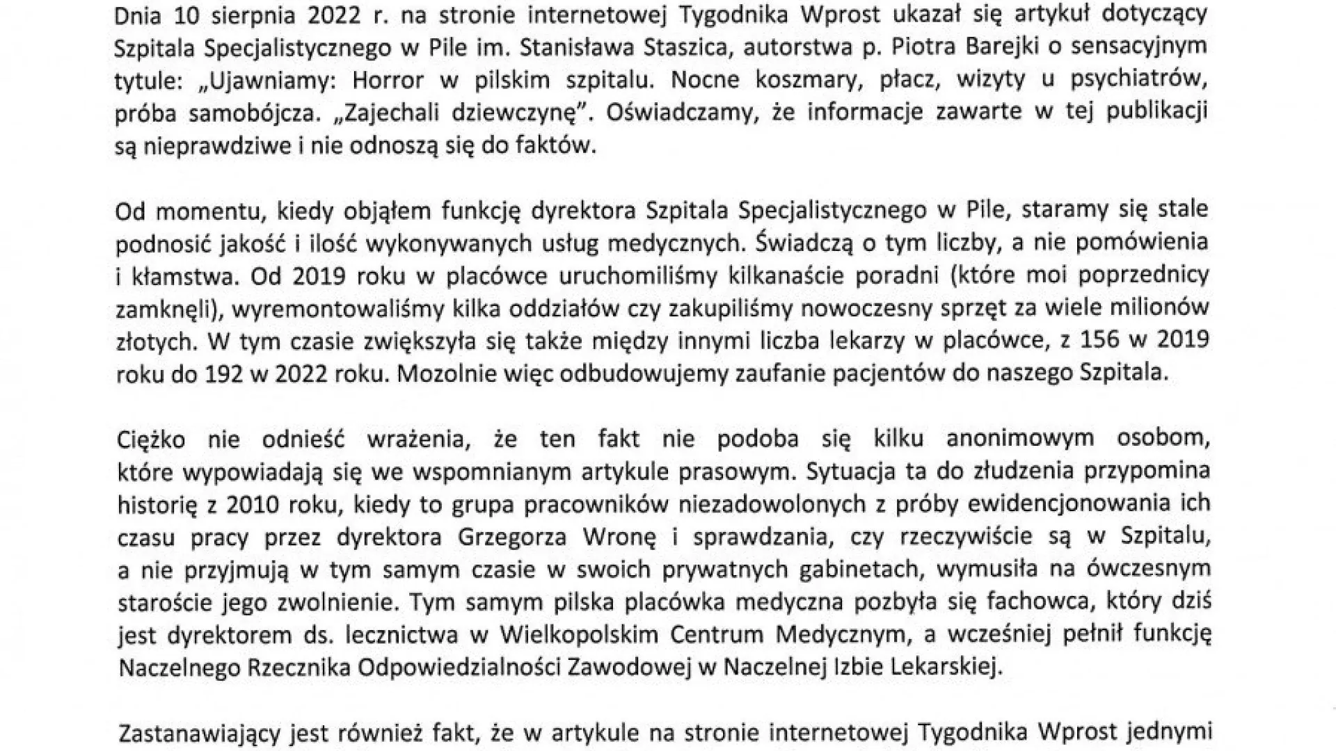 Oświadczenie Dyrekcji Szpitala Specjalistycznego w Pile im. Stanisława Staszica.